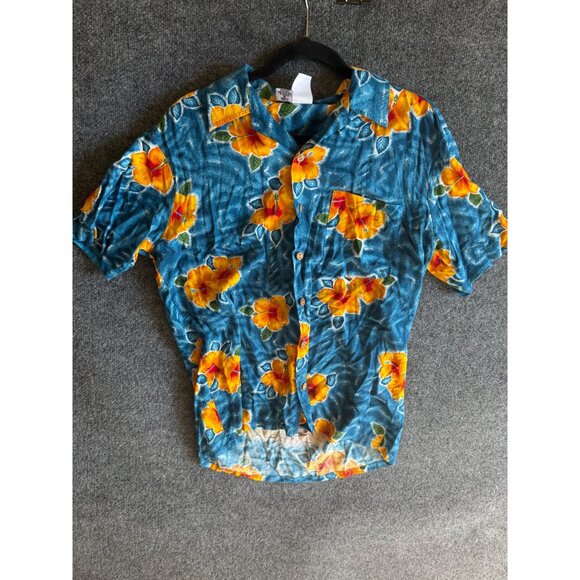 Vintage Hawaiian Print Shirt With Tropical Beach Scene & Palm Trees Button-Up Sh - Picture 6 of 12